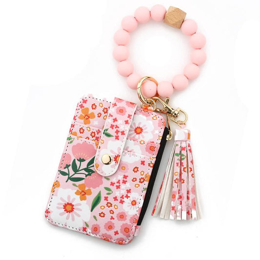 Women'S Boho Style Flower Pattern Wallet Beaded & Tassel Charms Keychain Silicone Beaded Wristlet Phone Wallet High-Quality Daily Wallet Purses Pouch